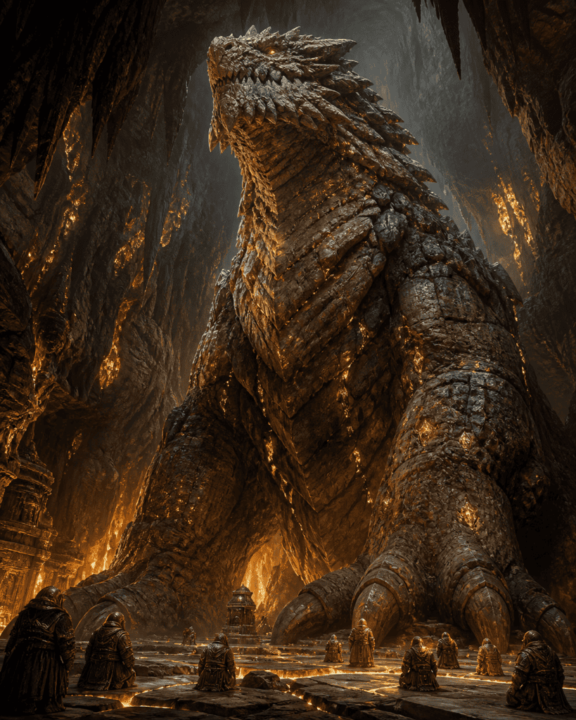 A colossal grey-brown wingless dragon of immense scale, far larger than any natural creature, emerging majestically from deep within a mountainous underground cavern. The dragon's massive body is encrusted with rock, stone, and earth, its scales resembling layered sedimentary stone and ancient granite. Its enormous feet press into the cavern floor, causing visible cracks and tremors radiating outward. The environment is a dramatic underground realm with towering stalactites, glowing veins of precious minerals embedded in cave walls, and deep shadows broken by warm amber and orange light emanating from molten rock below. Small dwarf-like figures in stone-carved armor kneel in reverence at the base of the creature, dwarfed entirely by the divine being's overwhelming scale. The atmosphere is ancient, sacred, and primordial. The color palette consists of deep browns, charcoals, slate greys, and flickers of gold and amber from mineral veins. Epic fantasy digital art style, highly detailed, cinematic lighting, dramatic perspective looking upward at the towering deity.