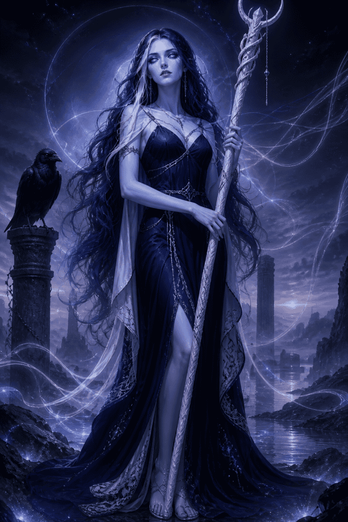 A haunting yet ethereal portrait of a gaunt, pale woman with an otherworldly beauty, her smooth skin carrying a subtle blue tinge. Her eyes glow with luminous violet light. She wears a dark blue sleeveless funeral gown with white trim at the shoulders and neckline, white sandals on her feet. Her dark blue hair flows down with a single stark white streak running along the left side. She holds a tall staff of pale white oak wrapped in silver cords. A raven perches nearby in the shadowy background. The setting is a mystical twilight realm between life and death, with softly glowing ethereal mists and faint threads of fate woven through the air like luminous silk. The atmosphere is solemn but not terrifying, conveying a sense of inevitable peace and cosmic authority. The color palette is dominated by deep midnight blues, whites, and soft violet glows. Digital fantasy art style, cinematic lighting, highly detailed, editorial quality.